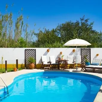 Sunny swimming pool area with comfortable chairs and tall plants in the background, offering a relaxing outdoor space for guests’ stay