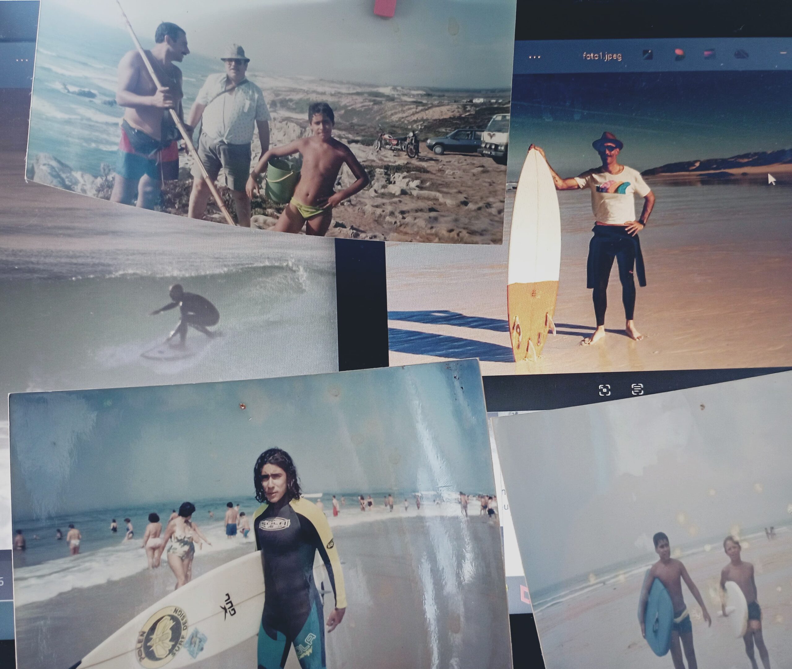 Collage of Club Vagabond Surf School Founder and Instructor Ivo through the years: as a child with his grandfather at Malhão Beach, posing with a surfboard as a kid, teen, and adult, and surfing a wave.